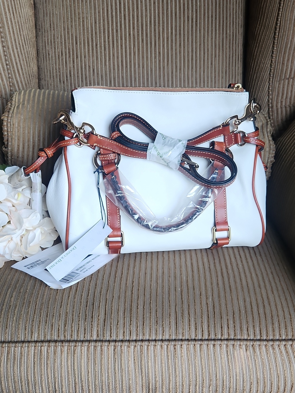 Dooney White Satchel Handbag with Brown Trim - Picture 3 of 5
